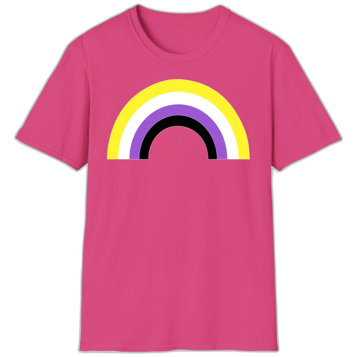 Concentric pride rainbow design with five nested semicircular arcs in yellow, white, purple, black, and gray bands. in Heliconia