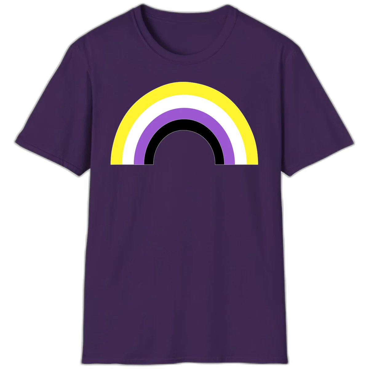 Concentric pride rainbow design with five nested semicircular arcs in yellow, white, purple, black, and gray bands. in Purple