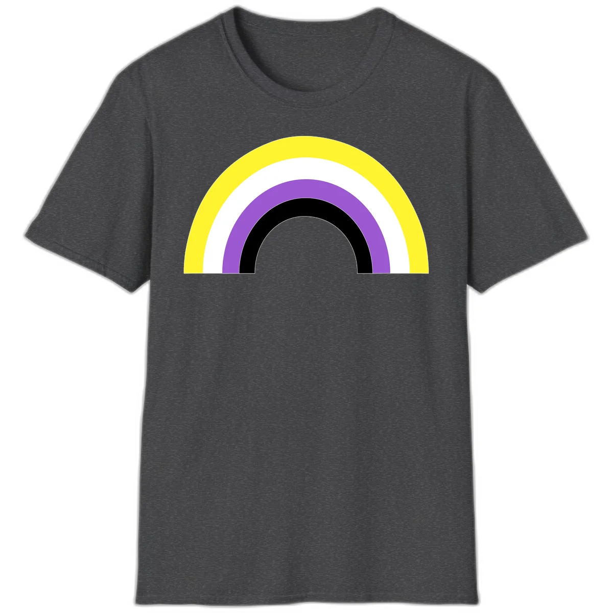 Concentric pride rainbow design with five nested semicircular arcs in yellow, white, purple, black, and gray bands. in Dark Heather