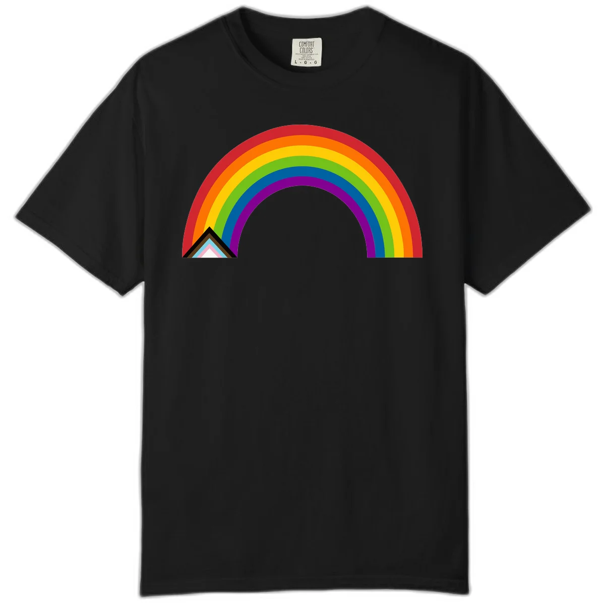 Vibrant rainbow arc with nested geometric mountain peak triangles in pride colors on gray background in Black