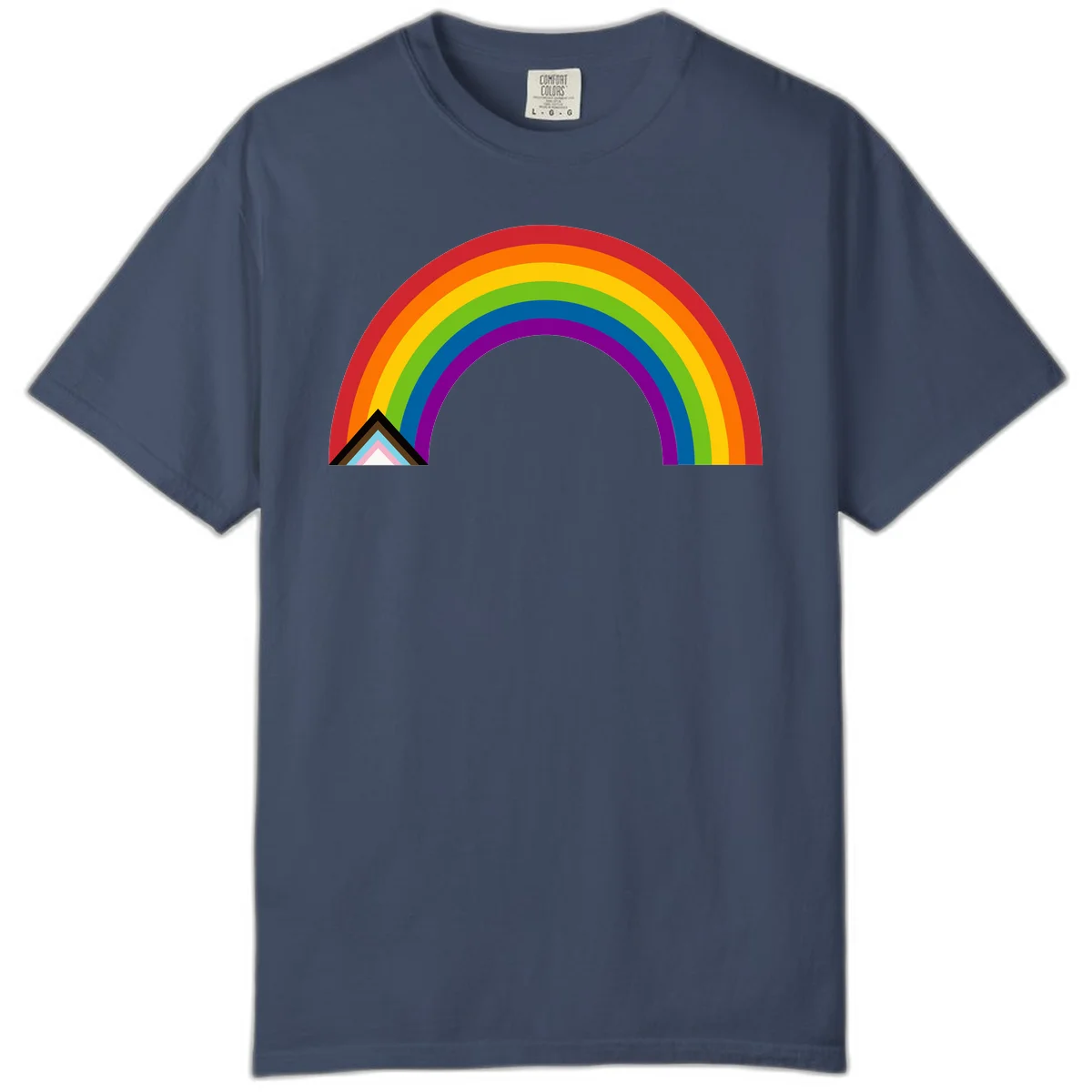 Vibrant rainbow arc with nested geometric mountain peak triangles in pride colors on gray background in Midnight