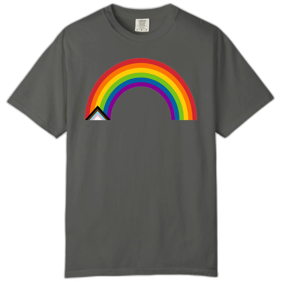 Vibrant rainbow arc with nested geometric mountain peak triangles in pride colors on gray background in Pepper