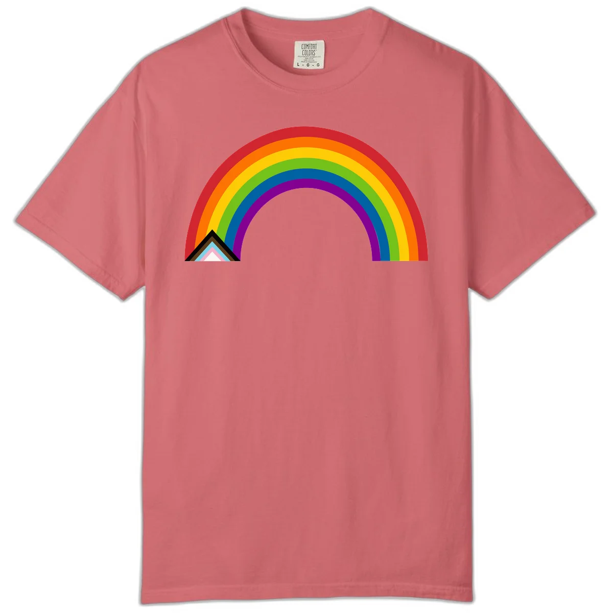 Vibrant rainbow arc with nested geometric mountain peak triangles in pride colors on gray background in Watermelon