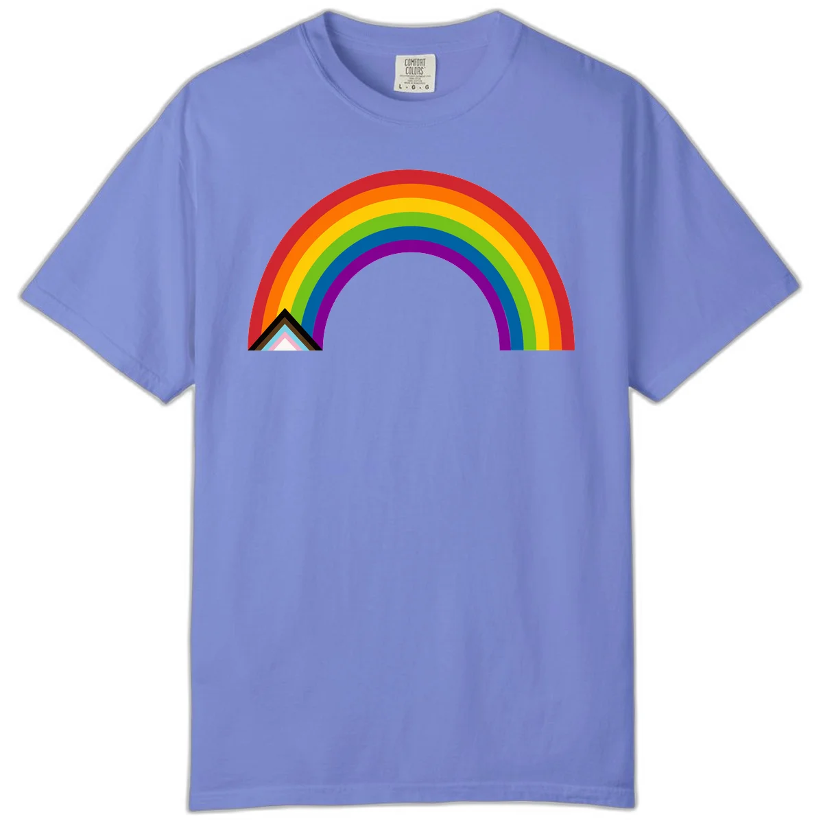 Vibrant rainbow arc with nested geometric mountain peak triangles in pride colors on gray background in Flo Blue