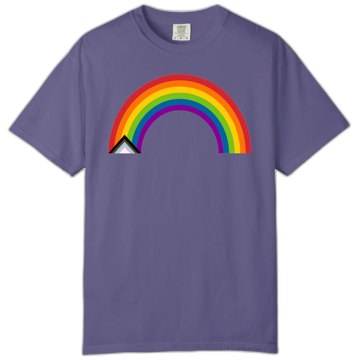 Vibrant rainbow arc with nested geometric mountain peak triangles in pride colors on gray background in Grape