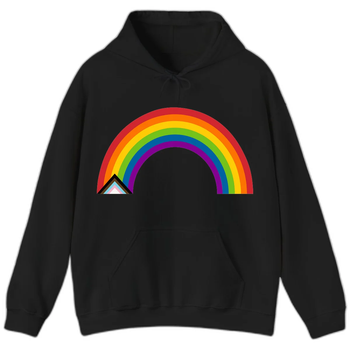 Vibrant rainbow arc with nested geometric mountain peak triangles in pride colors on gray background in Black