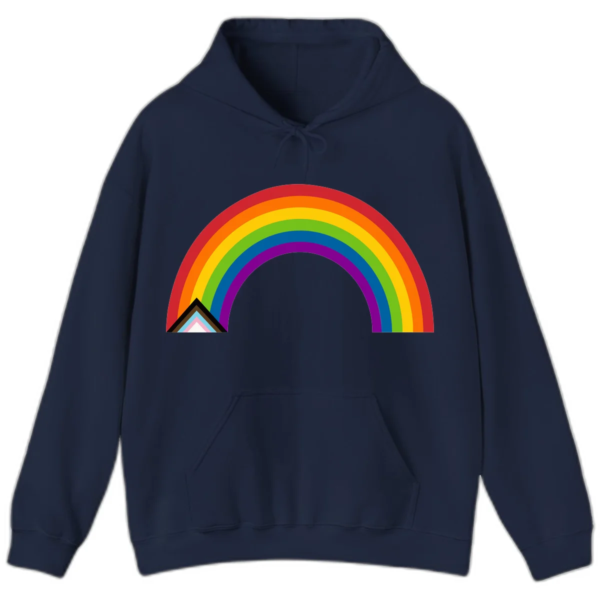 Vibrant rainbow arc with nested geometric mountain peak triangles in pride colors on gray background in Navy