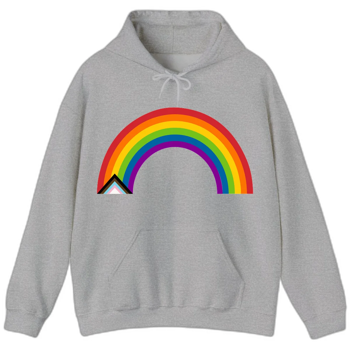 Vibrant rainbow arc with nested geometric mountain peak triangles in pride colors on gray background in Sport Grey