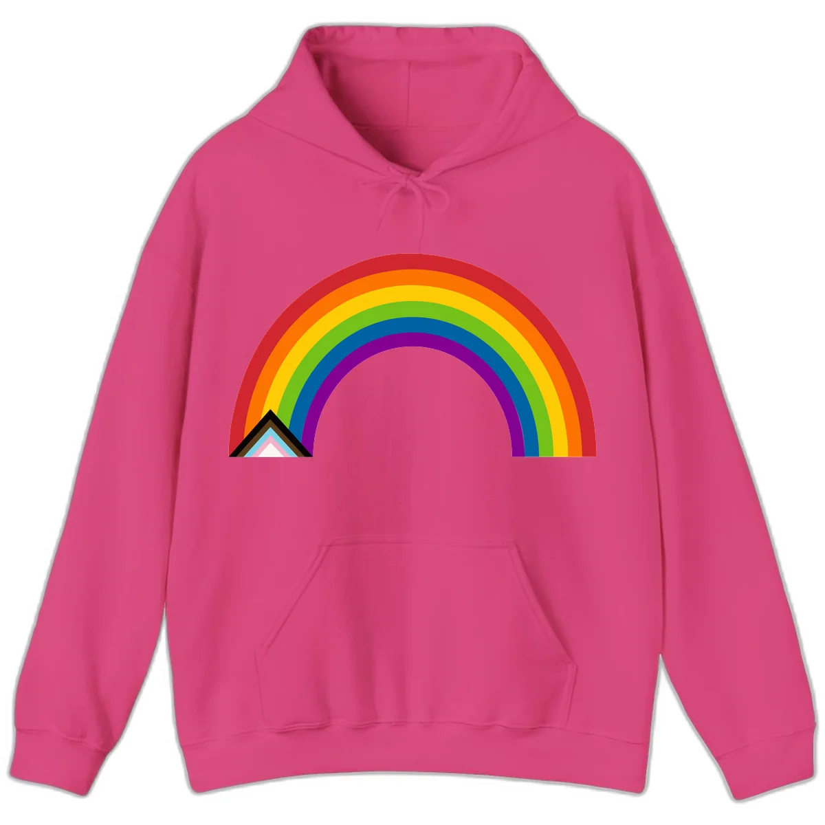 Vibrant rainbow arc with nested geometric mountain peak triangles in pride colors on gray background in Heliconia