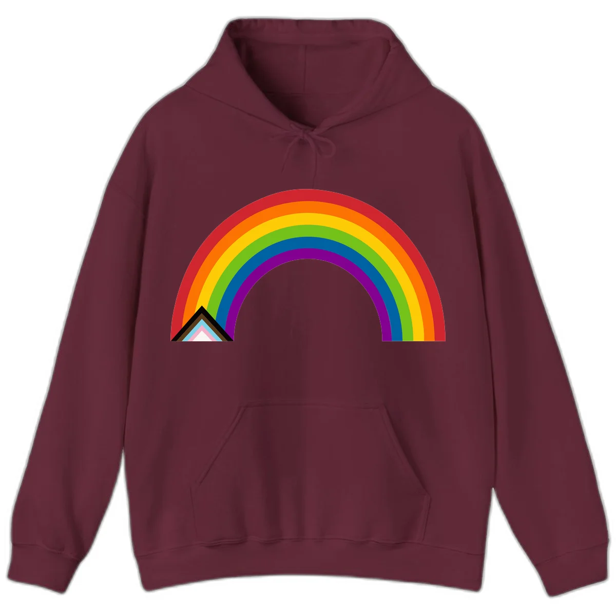Vibrant rainbow arc with nested geometric mountain peak triangles in pride colors on gray background in Maroon