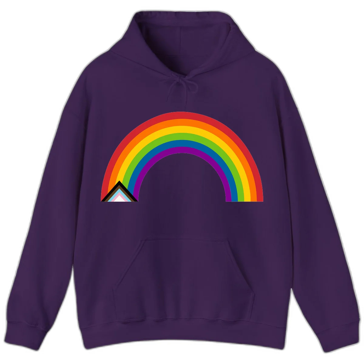 Vibrant rainbow arc with nested geometric mountain peak triangles in pride colors on gray background in Purple
