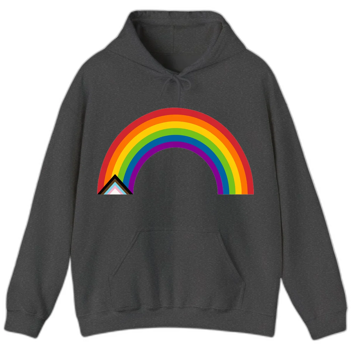 Vibrant rainbow arc with nested geometric mountain peak triangles in pride colors on gray background in Dark Heather