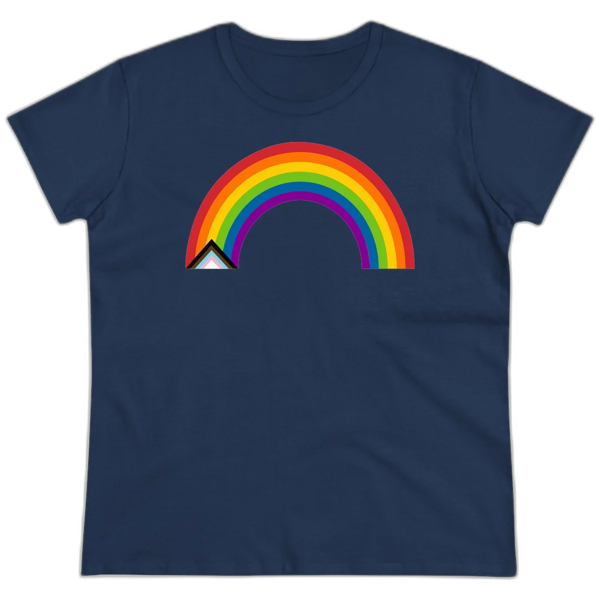 Vibrant rainbow arc with nested geometric mountain peak triangles in pride colors on gray background in Navy