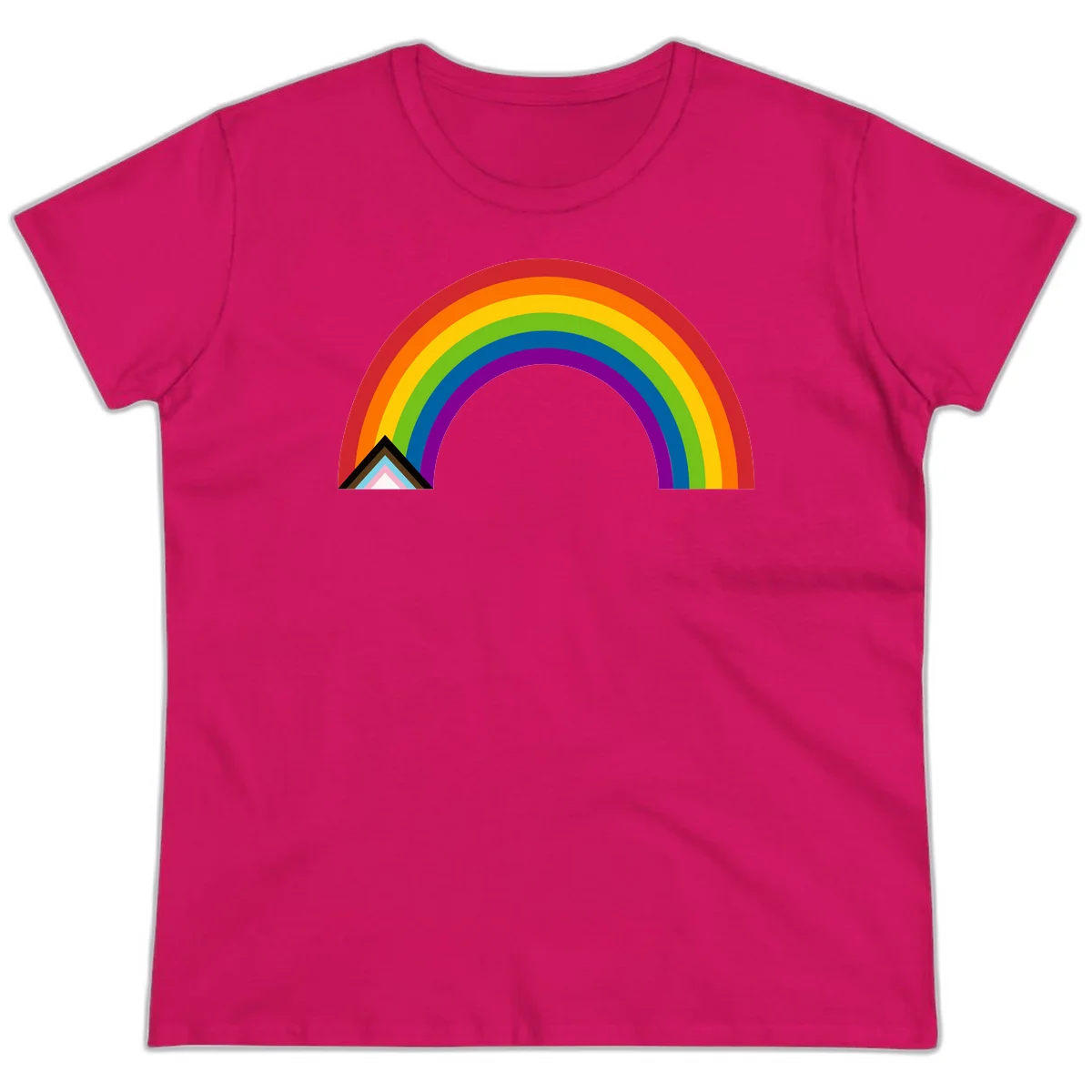 Vibrant rainbow arc with nested geometric mountain peak triangles in pride colors on gray background in Heliconia