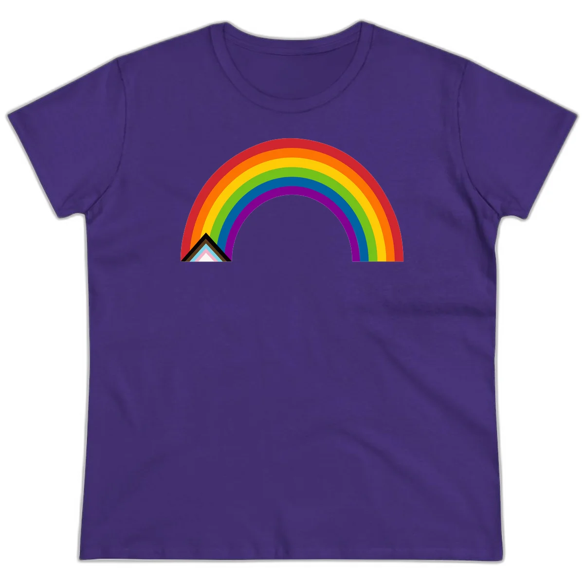 Vibrant rainbow arc with nested geometric mountain peak triangles in pride colors on gray background in Purple