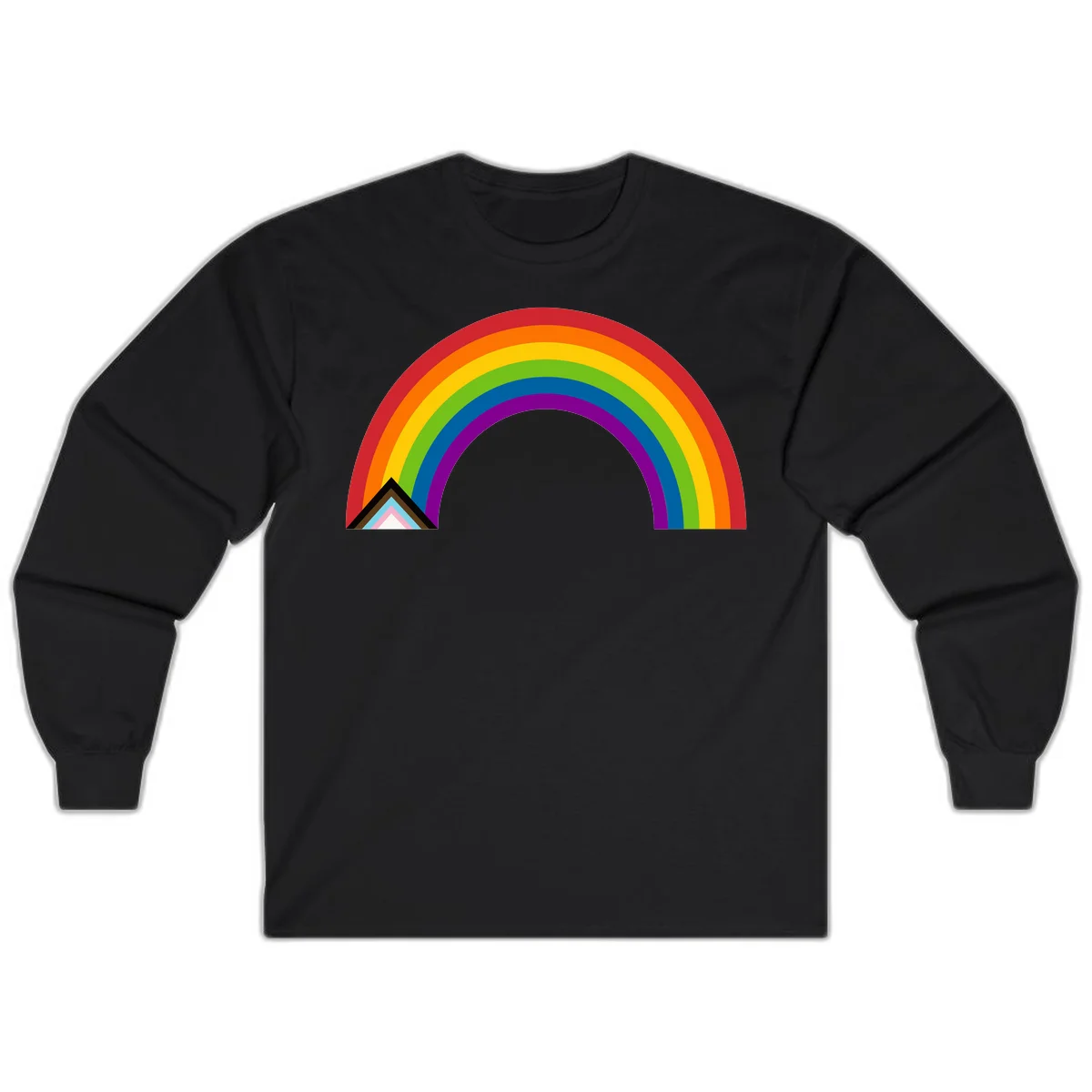 Vibrant rainbow arc with nested geometric mountain peak triangles in pride colors on gray background in Black