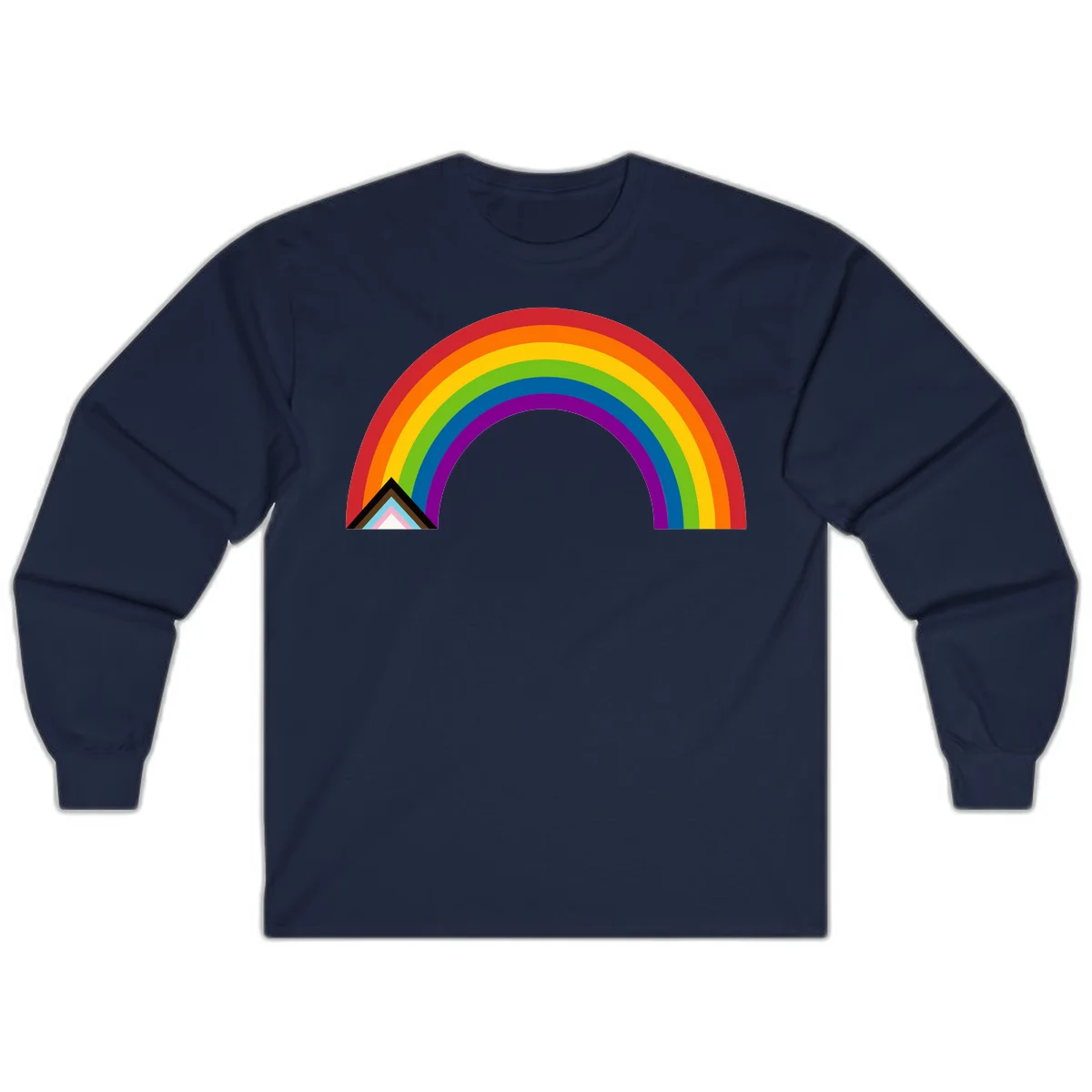 Vibrant rainbow arc with nested geometric mountain peak triangles in pride colors on gray background in Navy