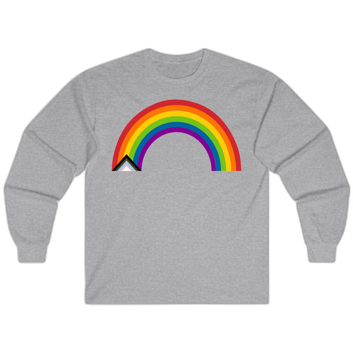 Vibrant rainbow arc with nested geometric mountain peak triangles in pride colors on gray background in Sport Grey