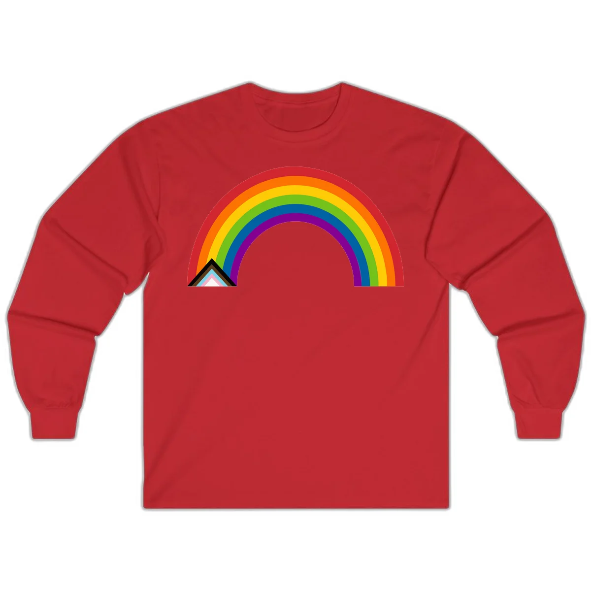 Vibrant rainbow arc with nested geometric mountain peak triangles in pride colors on gray background in Red