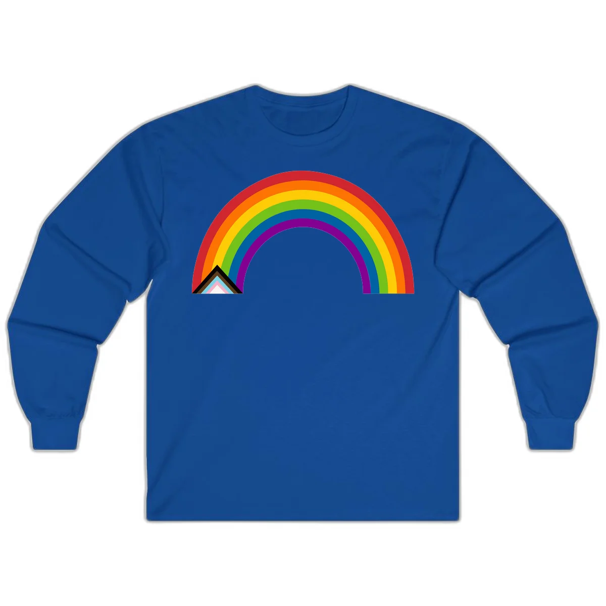 Vibrant rainbow arc with nested geometric mountain peak triangles in pride colors on gray background in Royal