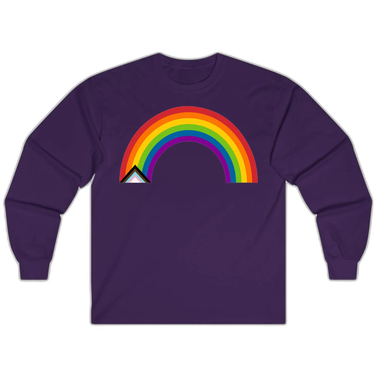 Vibrant rainbow arc with nested geometric mountain peak triangles in pride colors on gray background in Purple