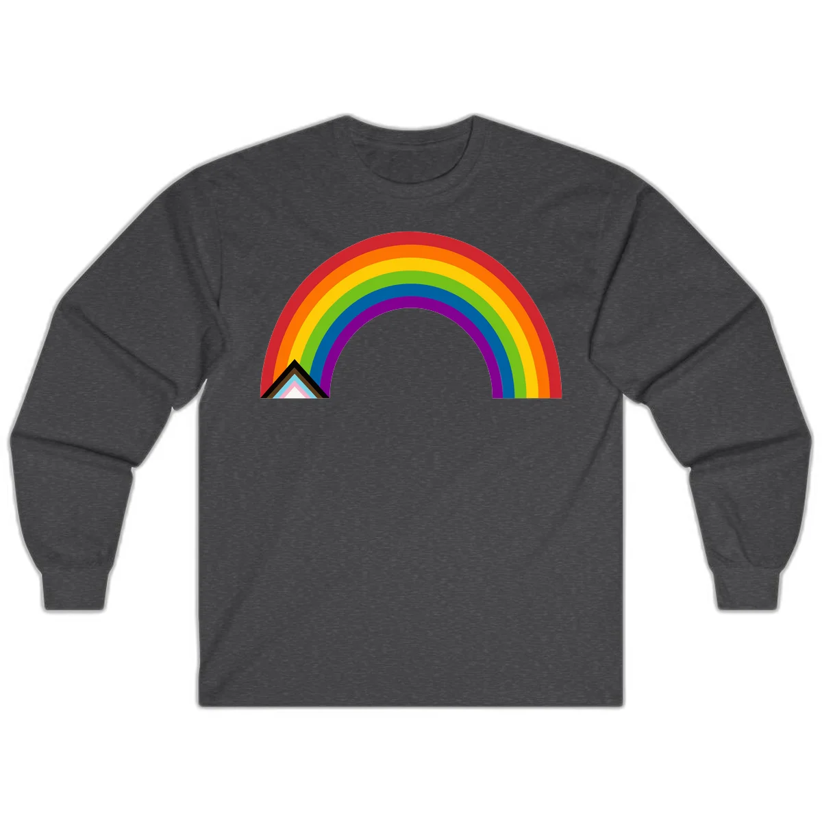 Vibrant rainbow arc with nested geometric mountain peak triangles in pride colors on gray background in Dark Heather