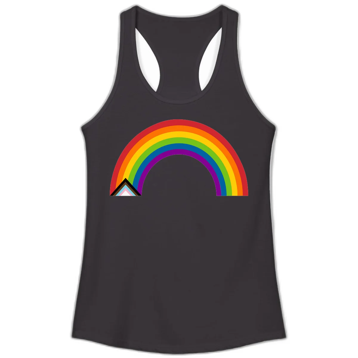 Vibrant rainbow arc with nested geometric mountain peak triangles in pride colors on gray background in Black