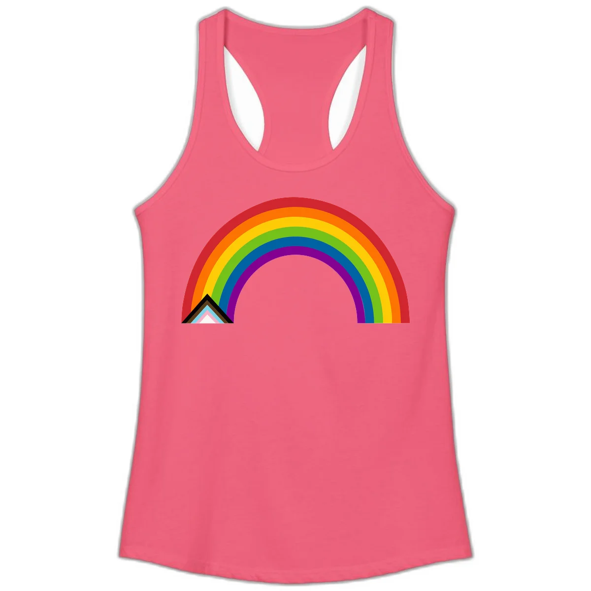 Vibrant rainbow arc with nested geometric mountain peak triangles in pride colors on gray background in Hot Pink