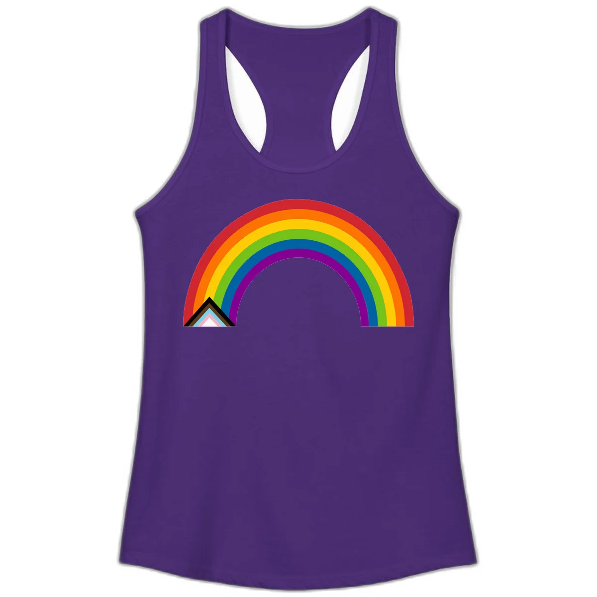 Vibrant rainbow arc with nested geometric mountain peak triangles in pride colors on gray background in Solid Purple Rush