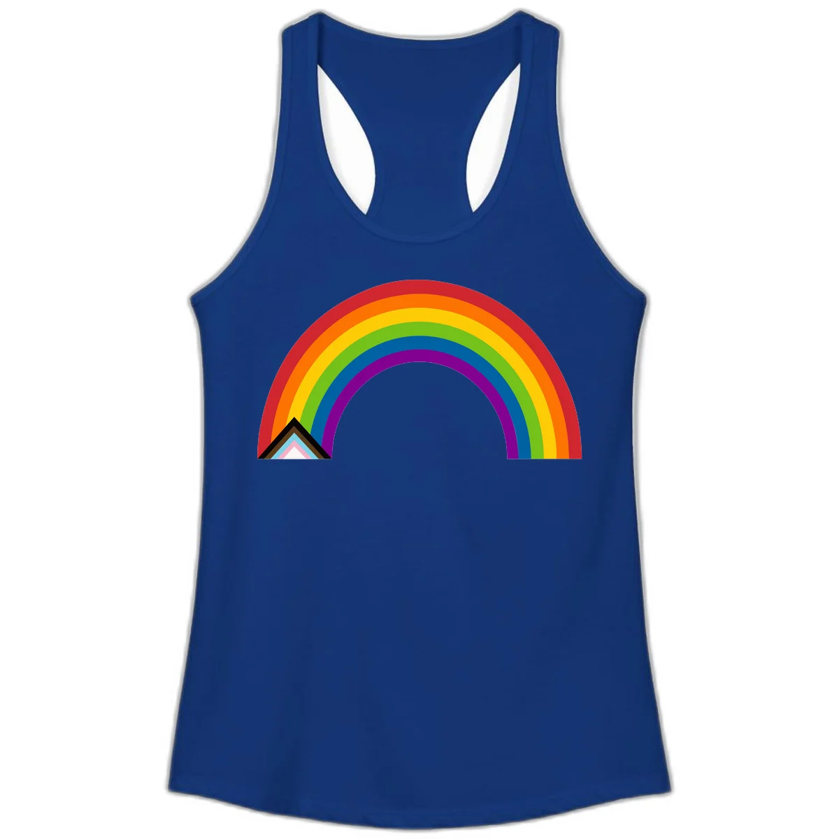 Vibrant rainbow arc with nested geometric mountain peak triangles in pride colors on gray background in Solid Royal