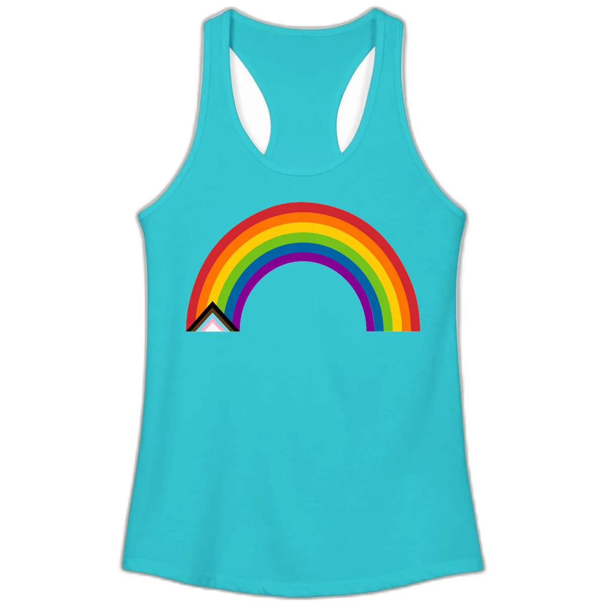 Vibrant rainbow arc with nested geometric mountain peak triangles in pride colors on gray background in Solid Tahiti Blue