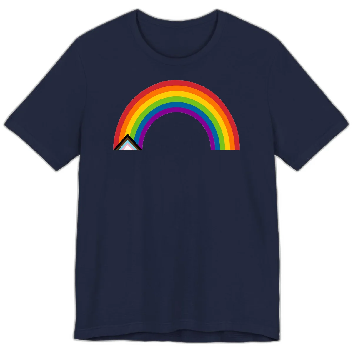 Vibrant rainbow arc with nested geometric mountain peak triangles in pride colors on gray background in Navy