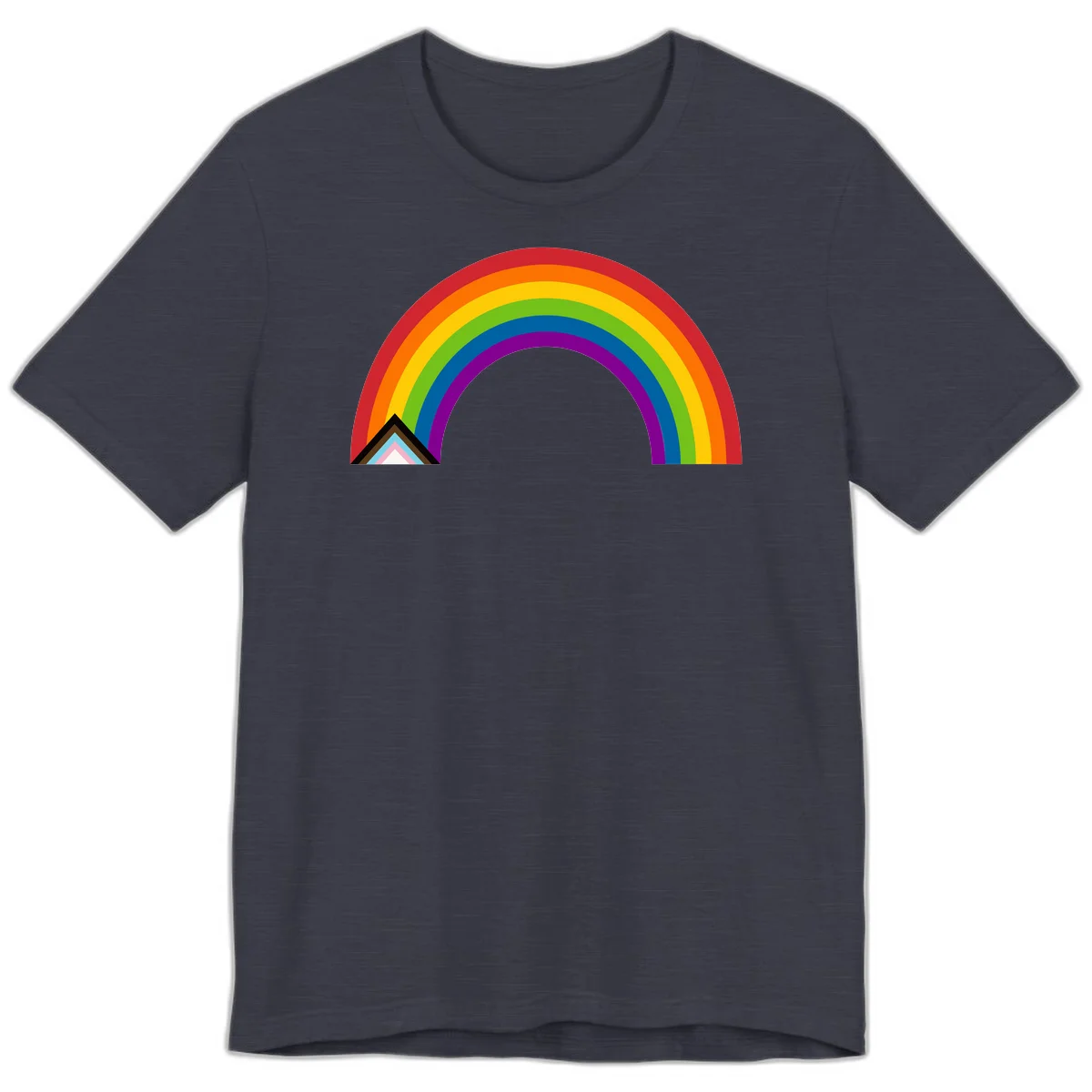 Vibrant rainbow arc with nested geometric mountain peak triangles in pride colors on gray background in Heather Midnight Navy