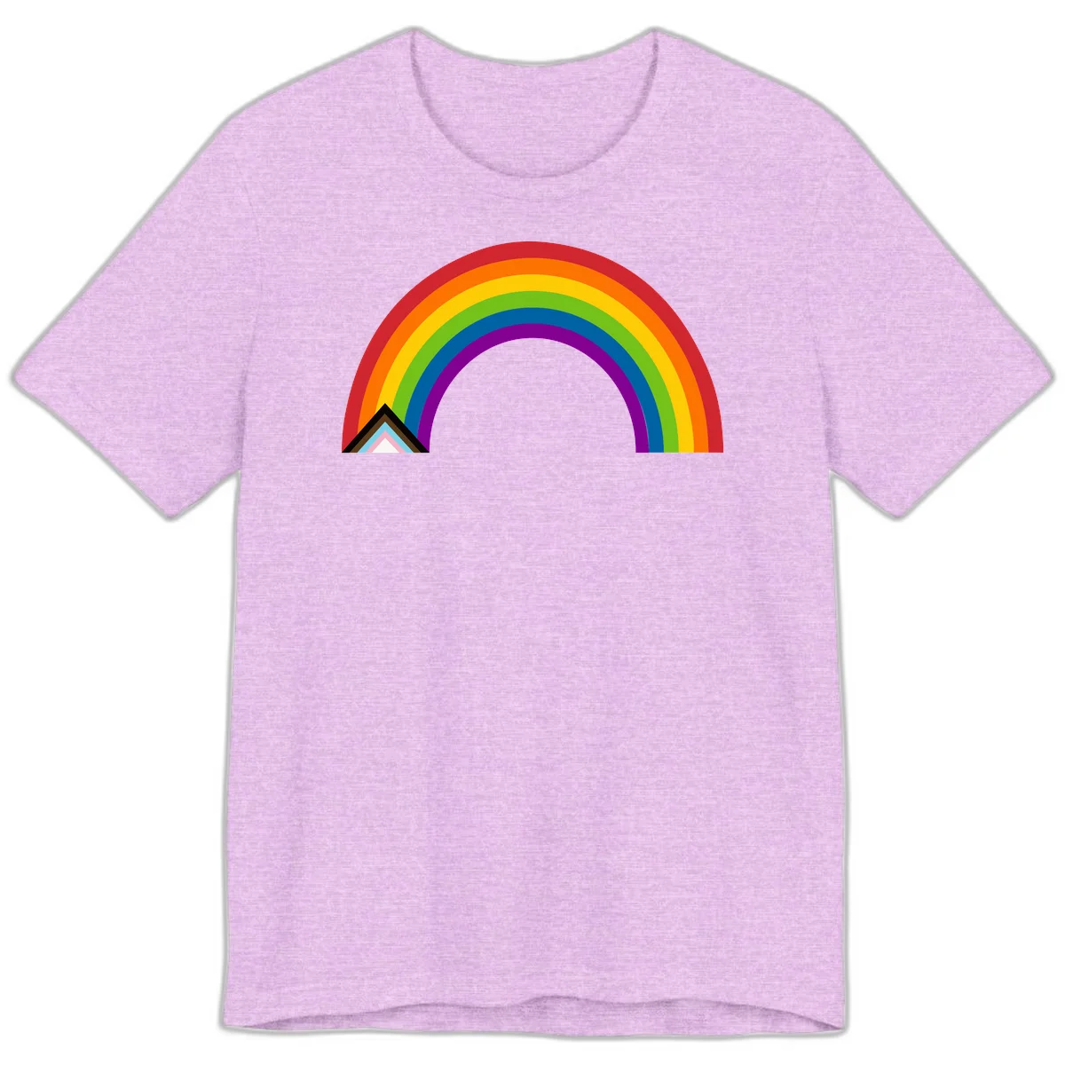 Vibrant rainbow arc with nested geometric mountain peak triangles in pride colors on gray background in Heather Prism Lilac