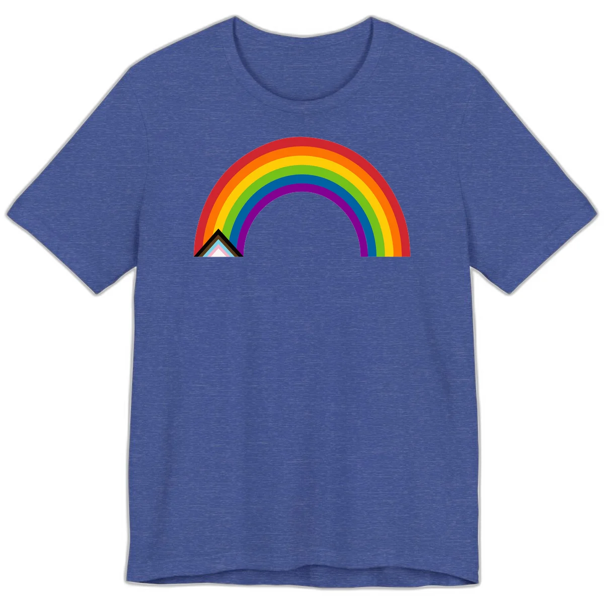 Vibrant rainbow arc with nested geometric mountain peak triangles in pride colors on gray background in Heather True Royal