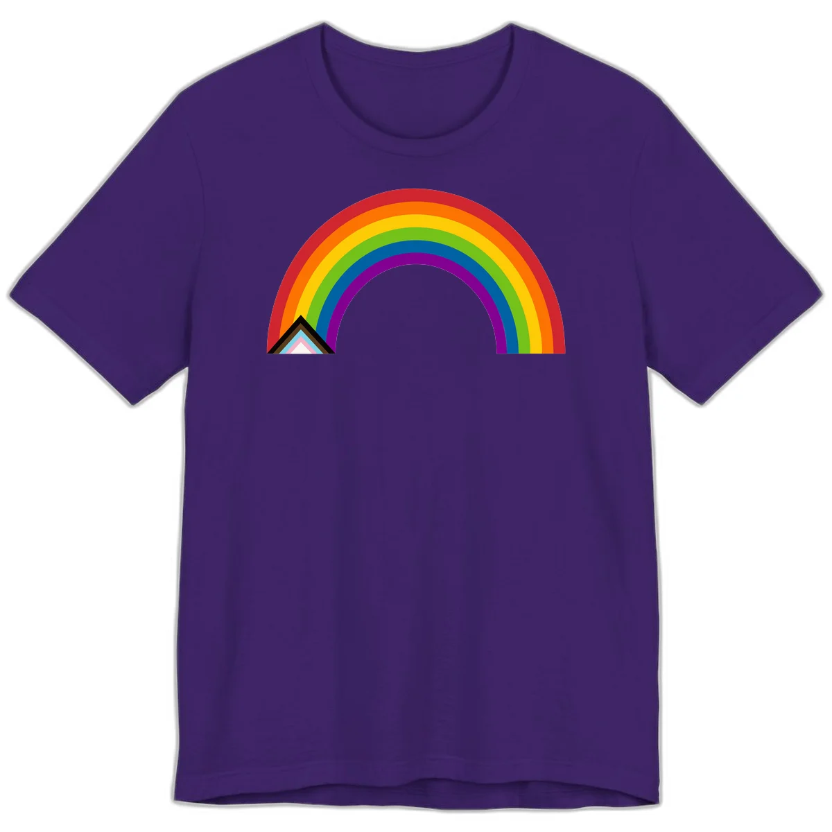 Vibrant rainbow arc with nested geometric mountain peak triangles in pride colors on gray background in Team Purple