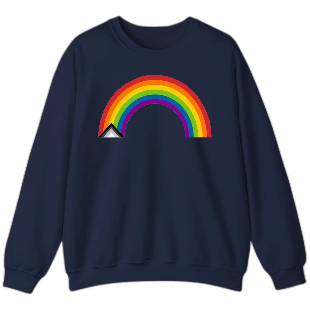 Vibrant rainbow arc with nested geometric mountain peak triangles in pride colors on gray background in Navy