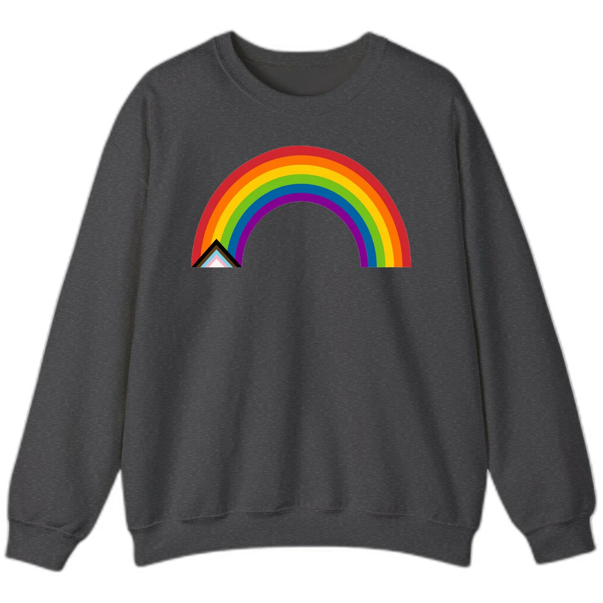 Vibrant rainbow arc with nested geometric mountain peak triangles in pride colors on gray background in Dark Heather