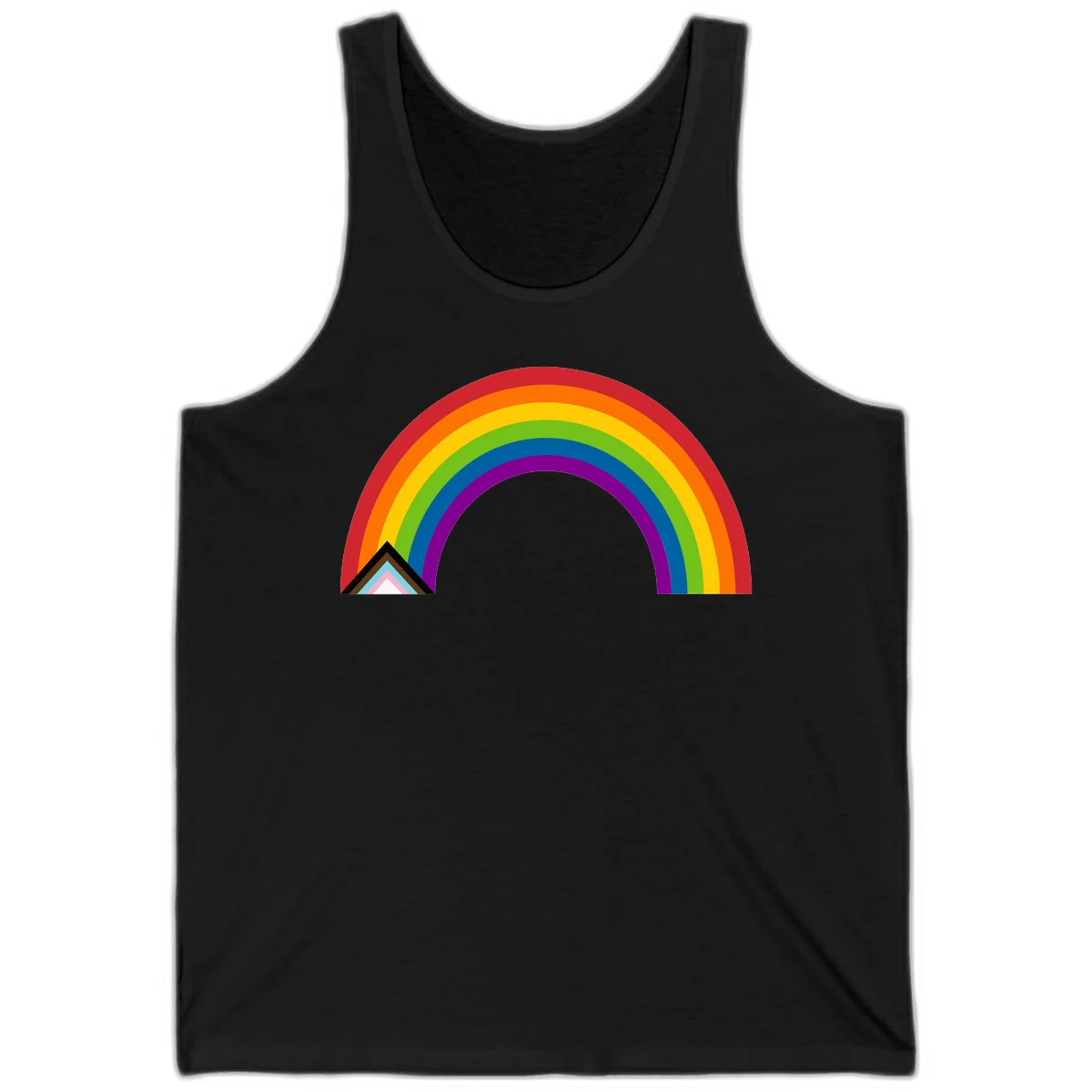 Vibrant rainbow arc with nested geometric mountain peak triangles in pride colors on gray background in Black