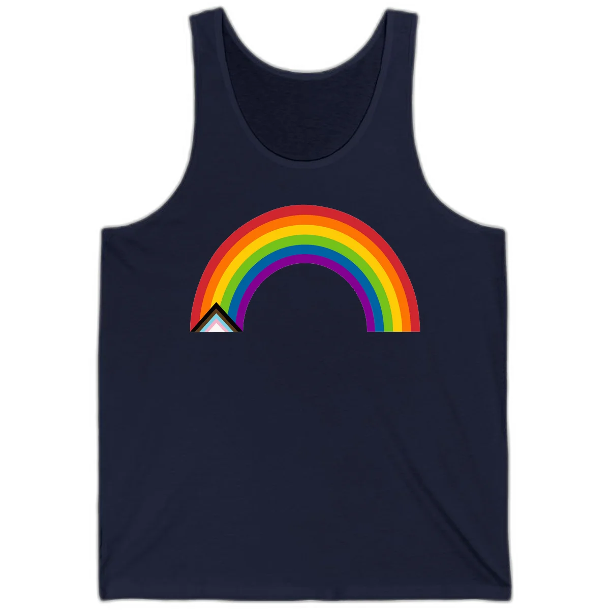 Vibrant rainbow arc with nested geometric mountain peak triangles in pride colors on gray background in Navy