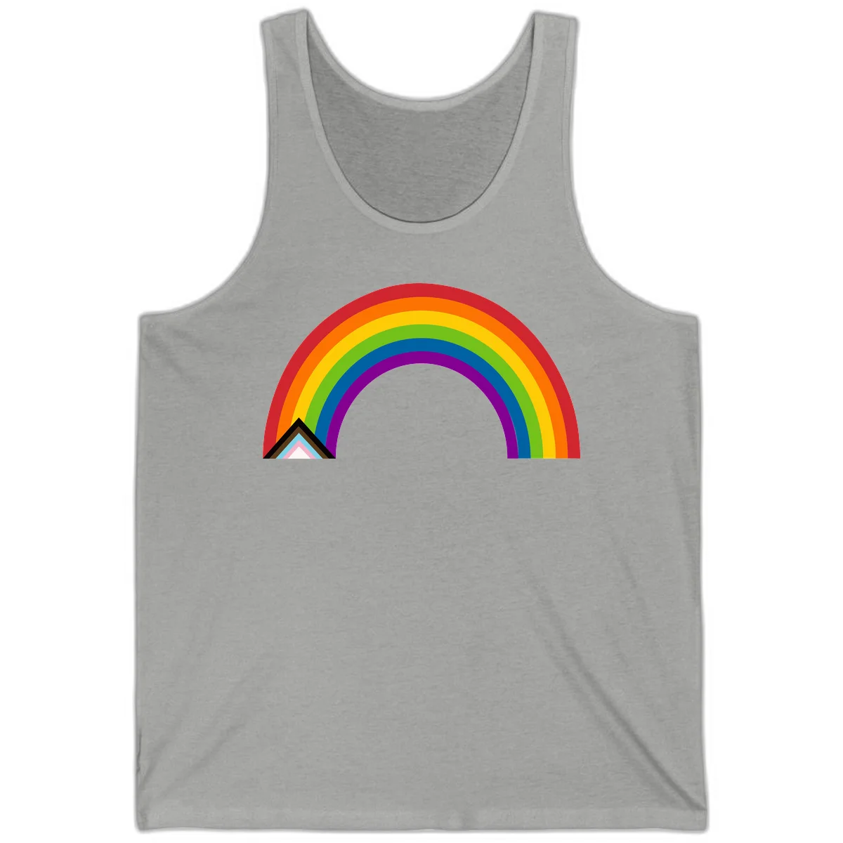 Vibrant rainbow arc with nested geometric mountain peak triangles in pride colors on gray background in Athletic Heather