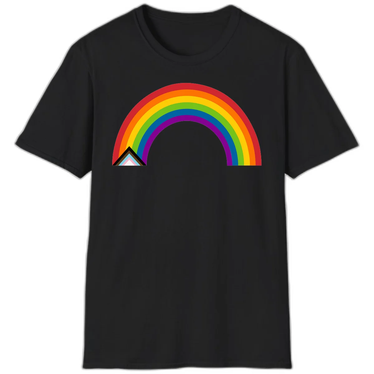 Vibrant rainbow arc with nested geometric mountain peak triangles in pride colors on gray background in Black