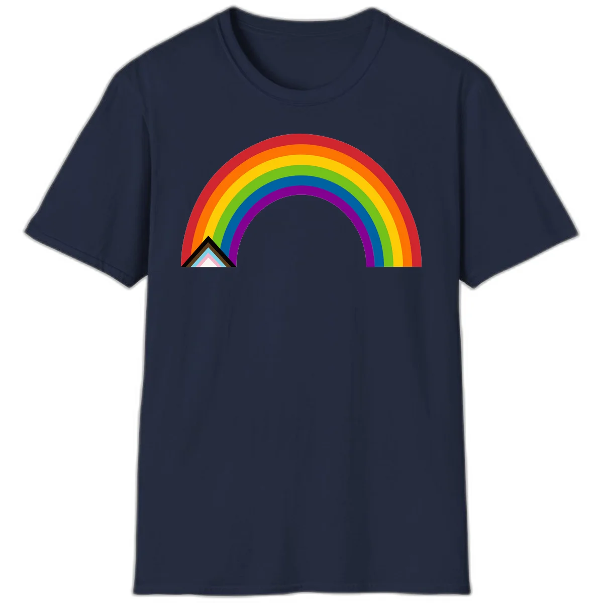 Vibrant rainbow arc with nested geometric mountain peak triangles in pride colors on gray background in Navy