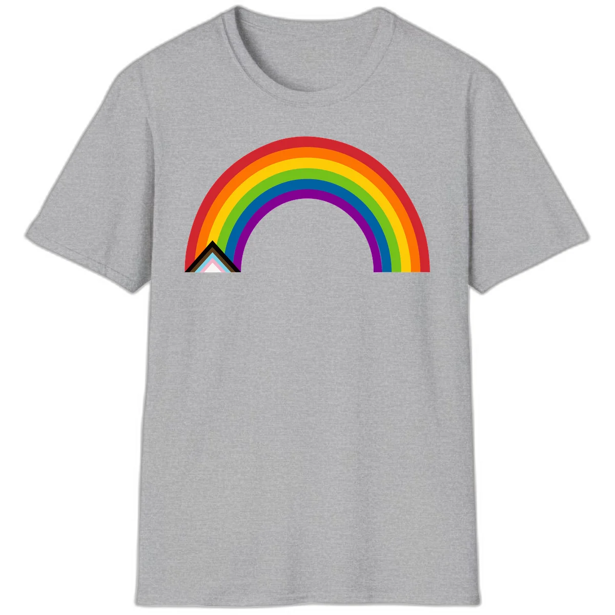 Vibrant rainbow arc with nested geometric mountain peak triangles in pride colors on gray background in Sport Grey