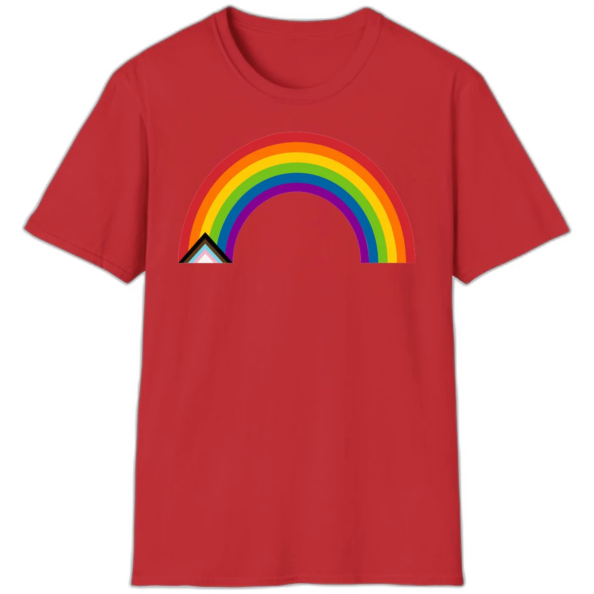 Vibrant rainbow arc with nested geometric mountain peak triangles in pride colors on gray background in Red