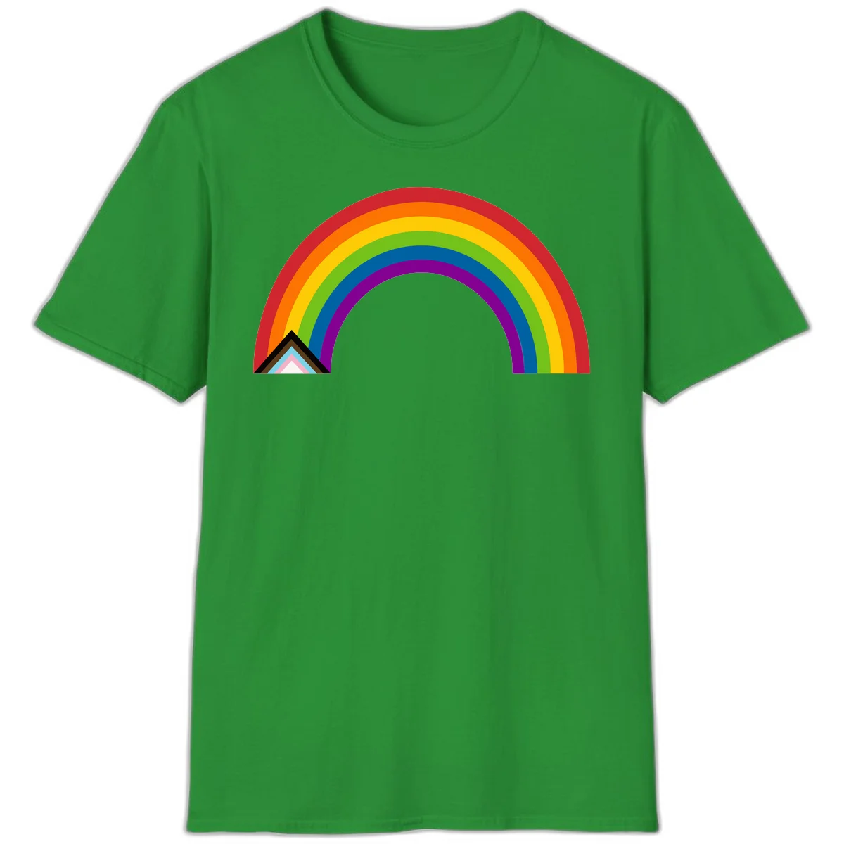Vibrant rainbow arc with nested geometric mountain peak triangles in pride colors on gray background in Irish Green