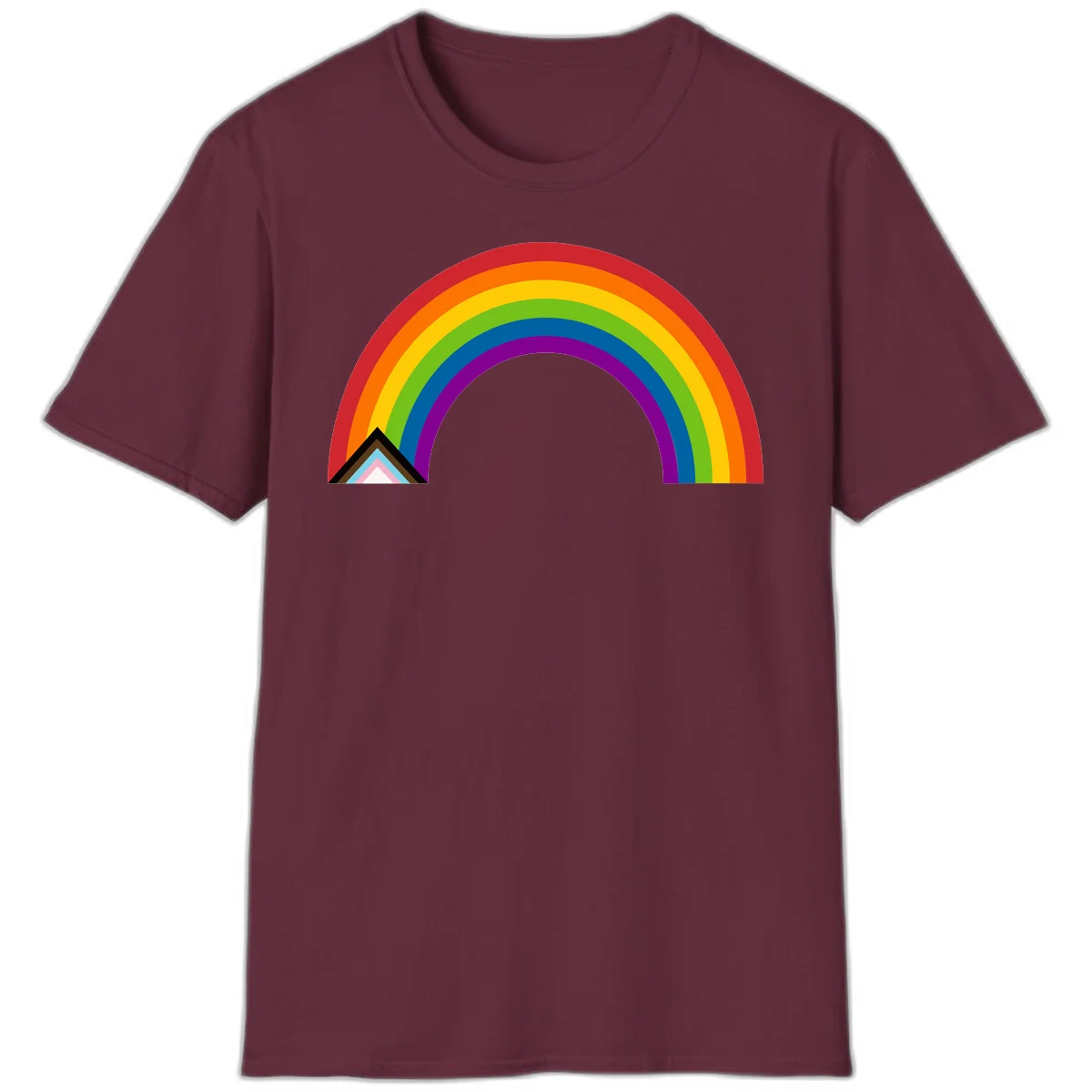 Vibrant rainbow arc with nested geometric mountain peak triangles in pride colors on gray background in Maroon