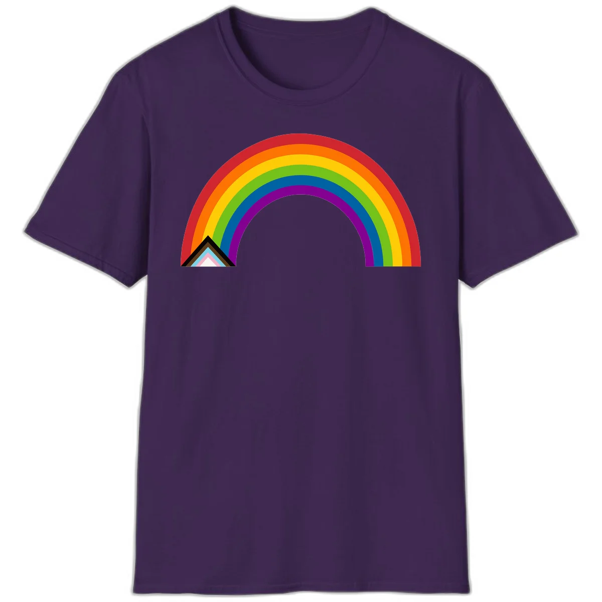 Vibrant rainbow arc with nested geometric mountain peak triangles in pride colors on gray background in Purple