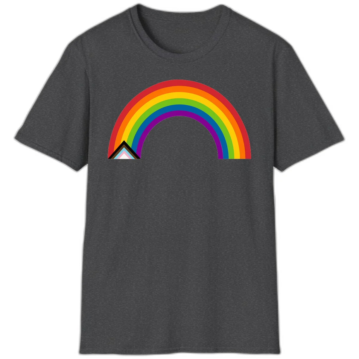 Vibrant rainbow arc with nested geometric mountain peak triangles in pride colors on gray background in Dark Heather