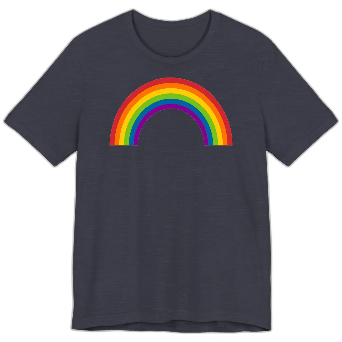 Classic pride rainbow arc with seven vibrant colored stripes in concentric semicircles in Heather Midnight Navy